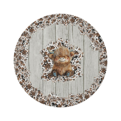 Rustic Farmhouse Round Accent Rug | Highland Cow Woodprint Area Rug | Cow Themed Home Decor | "Highland Grounds"