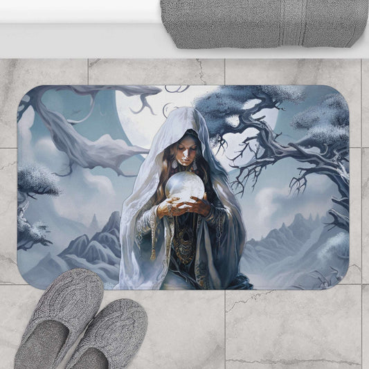 Eclectic Bath Mat | Dark Setting Fortune Teller Crystal Ball Bathroom Rug | Ethereal Themed Bath Decor | "Visions"