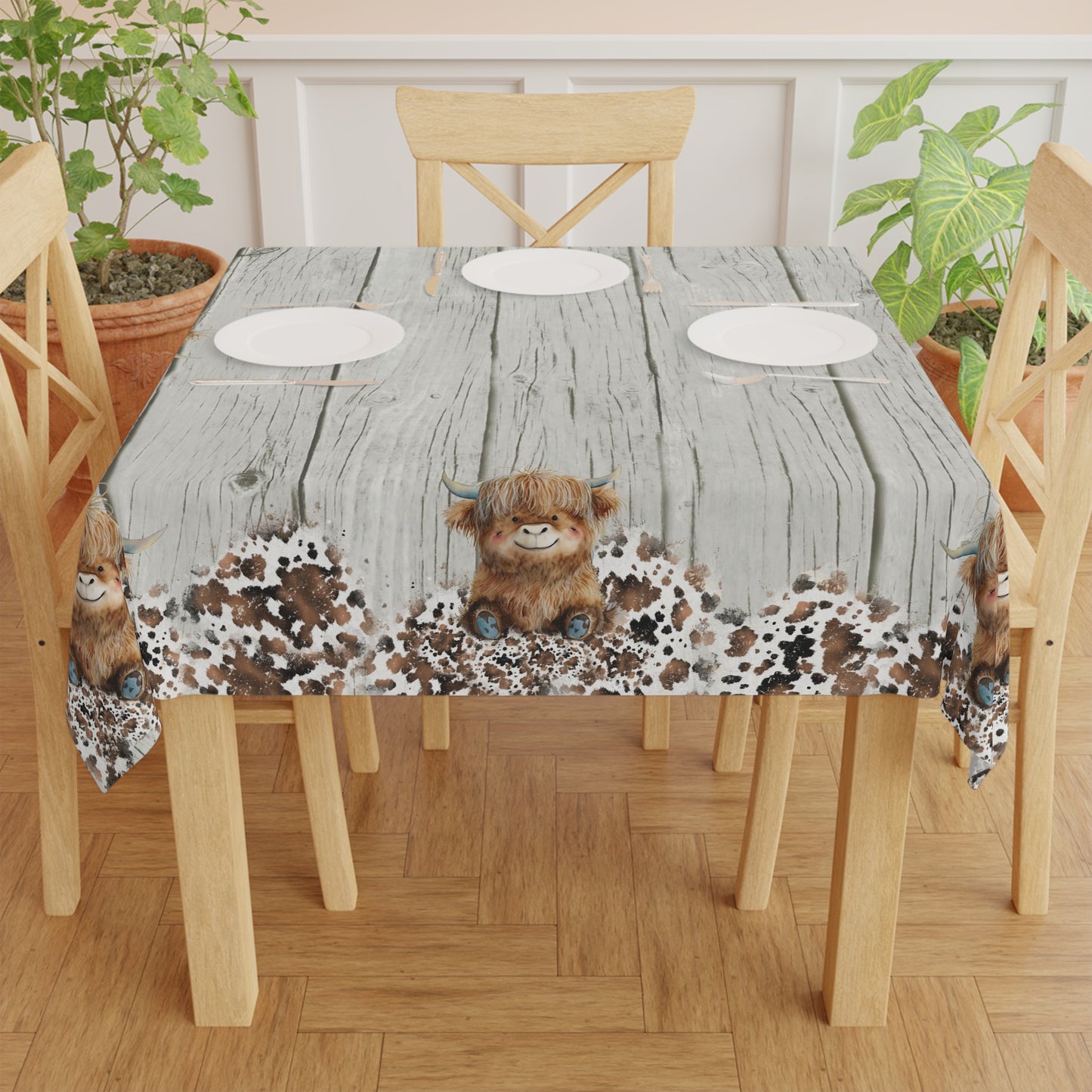 Rustic Farmhouse Tablecloth | Highland Cow Woodprint Table Cover | Cow Themed Home Decor | "Highland Munchies"