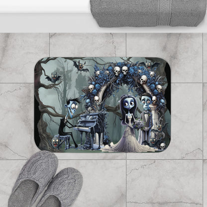 Goth Cartoon Married Couple Bath Mat | Zombie Wedding in the Woods Bathroom Rug | Cartoon Horror Themed Bath Decor | "Undead & Wedded"