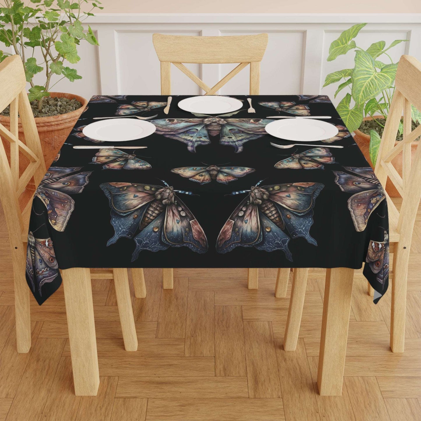 Lunar Moths on Black Tablecloth | Moth Theme Kitchen Table Cover | Home Decor | "Intuition"