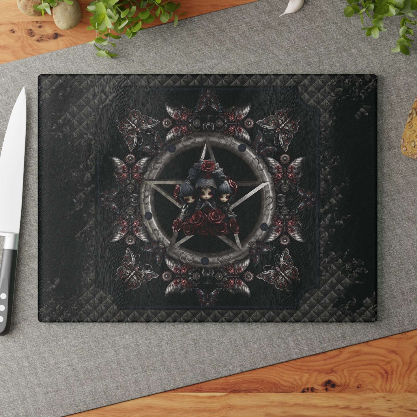 Dark Gothic Steampunk Glass Cutting Board | Steel Metal Roses Butterflies Kitchen Decor | Dark Goth Themed Home Accents | "Heavy Metal"