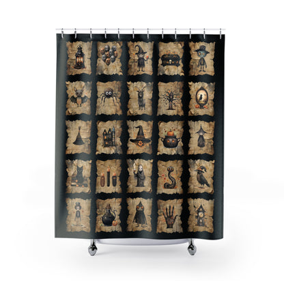 Halloween Images Shower Curtain | Spooky Bathroom | Rustic Halloween Themed Bath Decor | "Hallowglyphs"