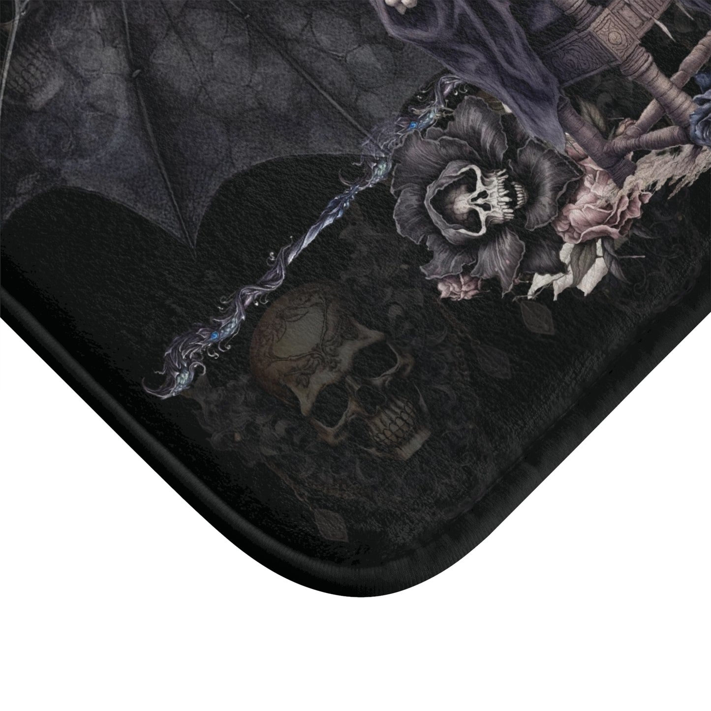 Scary Gothic Style Bath Mat | Skeletons Skulls Bats Bathroom Rug | Dark Goth Themed Bath Decor | "Into the Night"