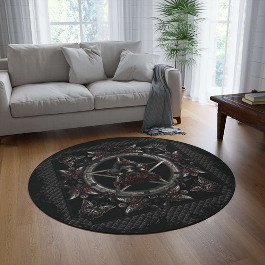 Dark Gothic Steampunk Style Round Accent Rug | Steel Metal Roses Butterflies Area Rug | Dark Goth Themed Home Decor | "Heavy Metal"