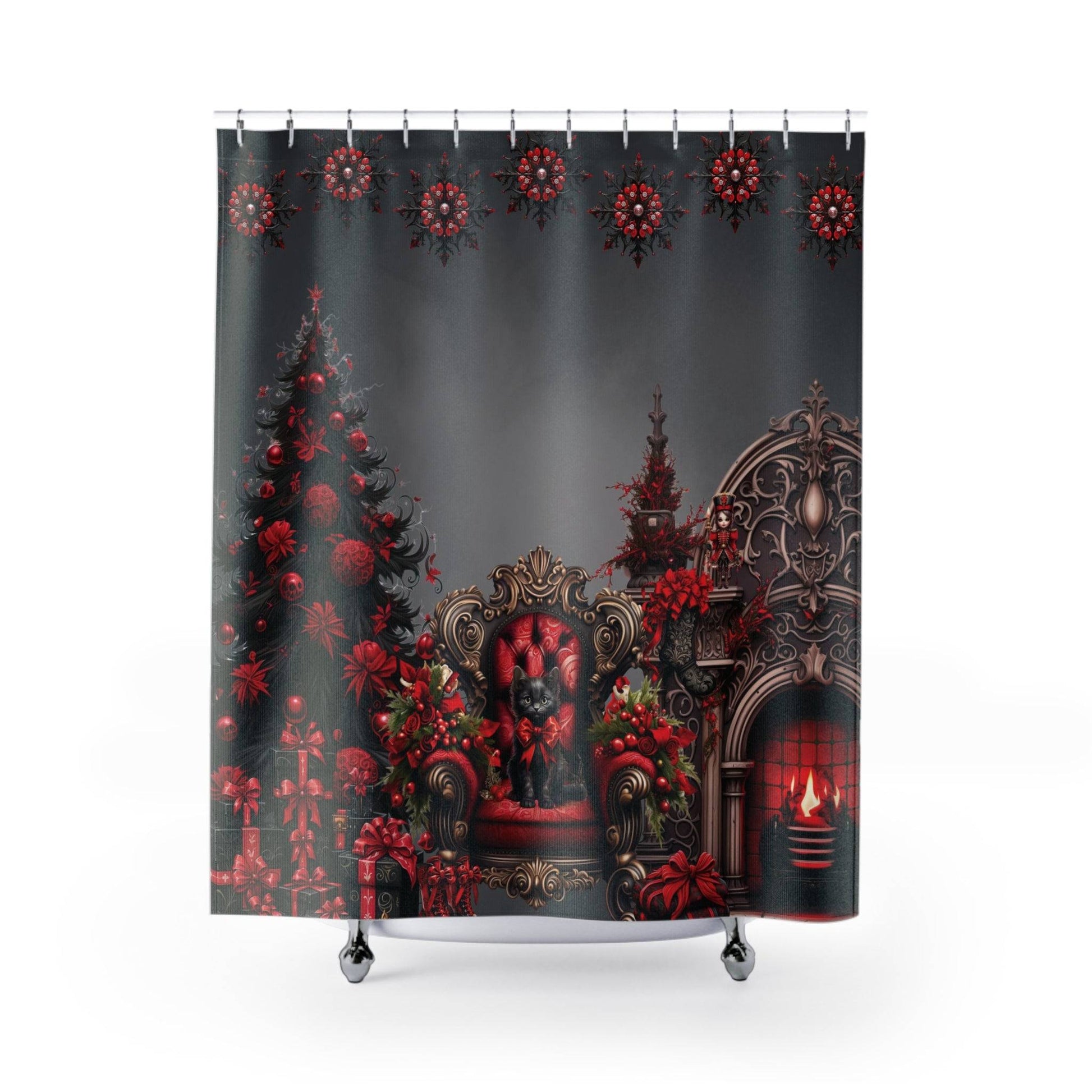 Black and Red Christmas Shower Curtain | Black Cat Soldier Fireplace Bathroom Decor | Dark Goth Themed Holiday Bath Decor | "A Gothic Christmas"