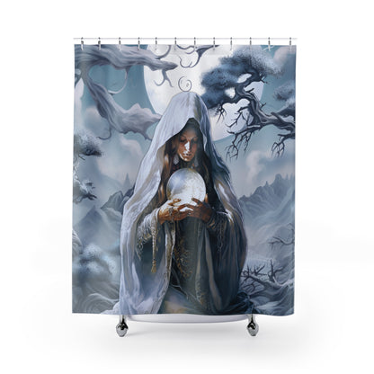 Eclectic Shower Curtain | Dark Setting Fortune Teller Crystal Ball Bathroom | Ethereal Themed Bath Decor | "Visions"