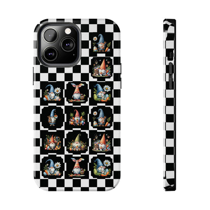 Check Pattern Easter Tough iPhone Case | Spring Easter Gnomes Phone Cover | Gnome Themed iPhone Accessories | "Springtime Check Gnomies"