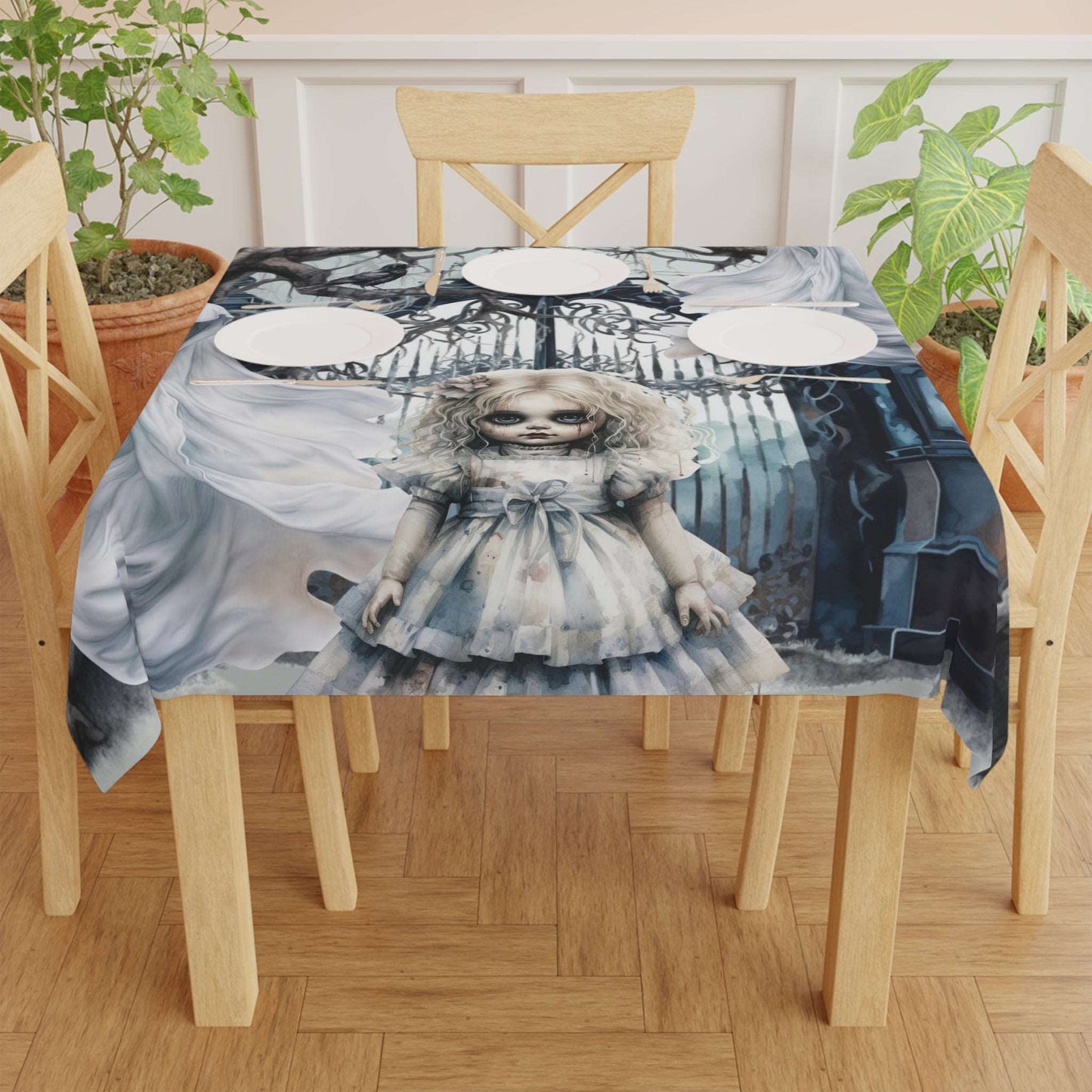 Spooky Gothic Tablecloth | Ghosts Cemetery Scary Little Girl Table Cover | Dark Scary Themed Home Decor | "Let's Play"