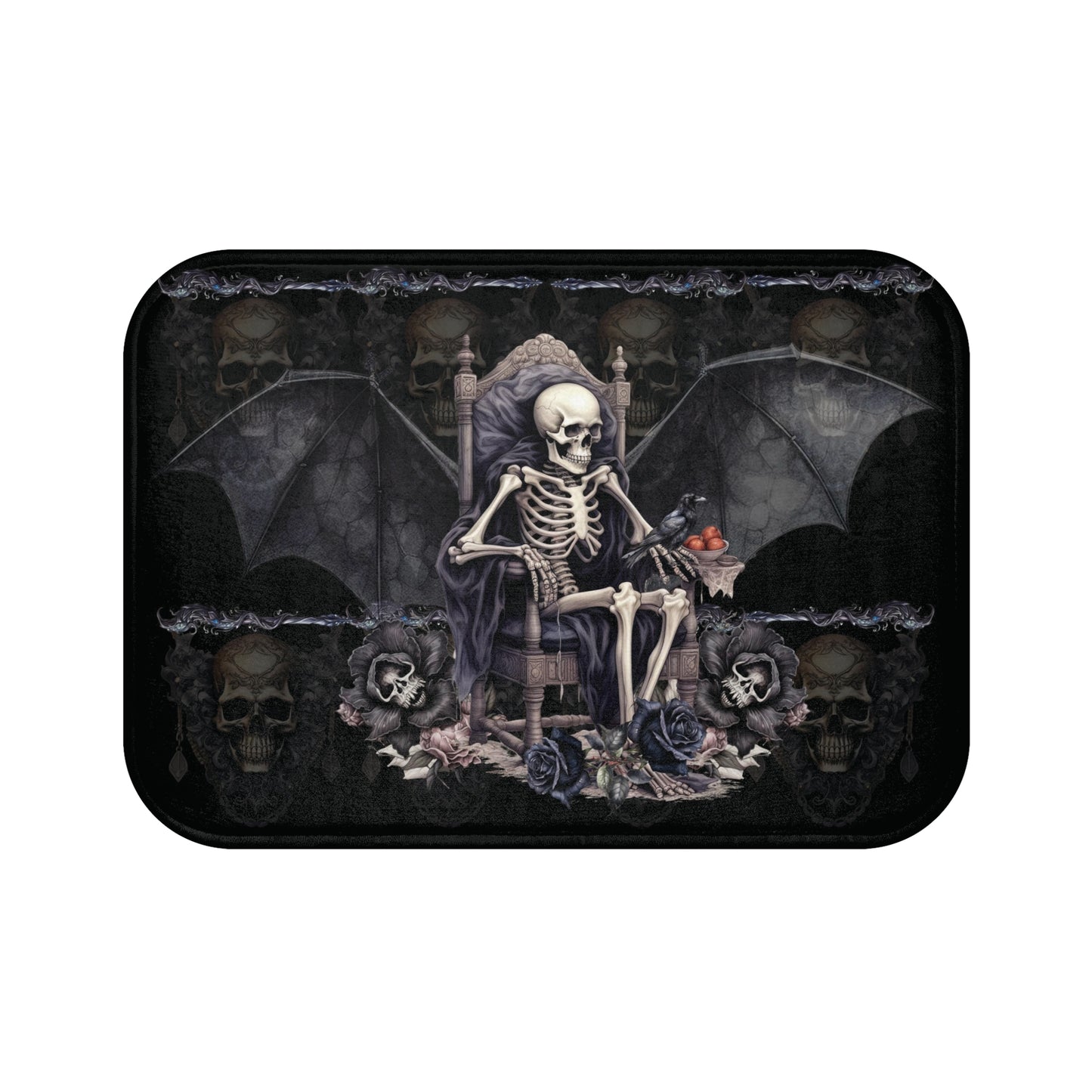 Scary Gothic Style Bath Mat | Skeletons Skulls Bats Bathroom Rug | Dark Goth Themed Bath Decor | "Into the Night"