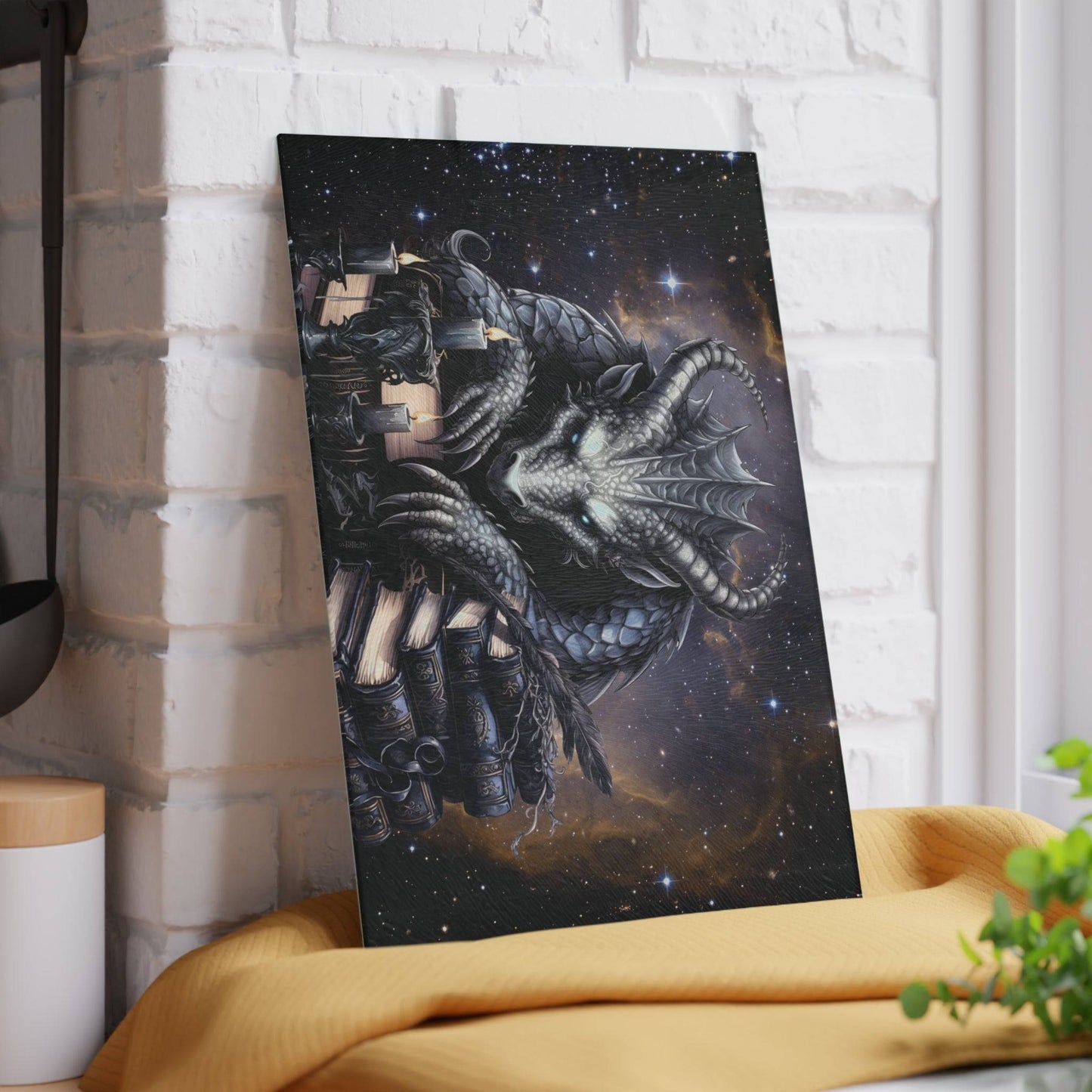 Ethereal Fantasy Style Glass Cutting Board | Black Gargoyle Starry Sky Kitchen Decor | Supernatural  Themed Home Accents | "Knowledge is Power"