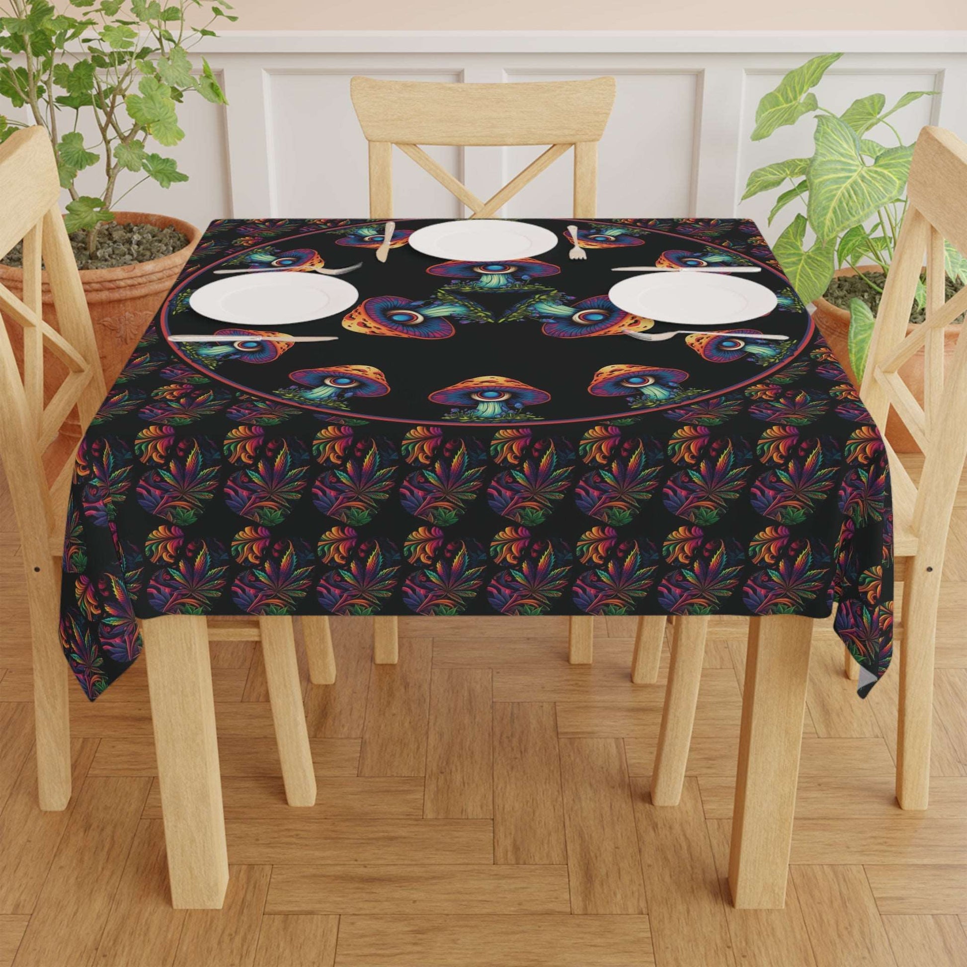 Psychedelic Mushroom Tablecloth | Cannabis Shrooms Kaleidoscopic Table Cover | Mushroom Themed Home Decor | "Fungalvision"