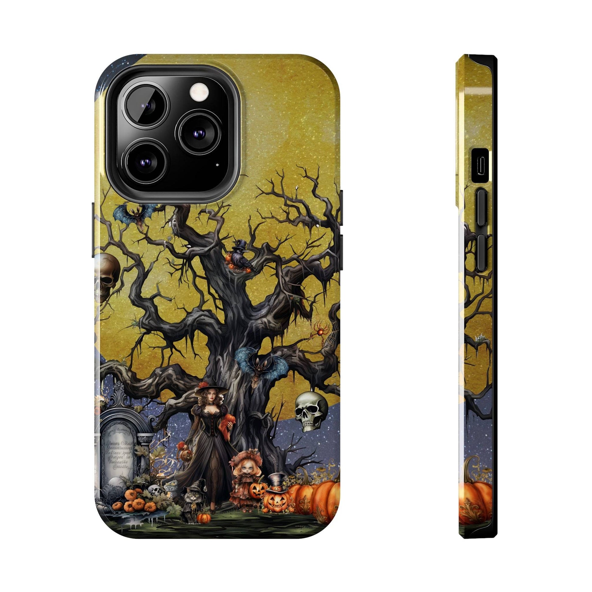 Autumn Fall Gothic Tough iPhone Case | Witch Cemetery Skulls Little Girl Phone Cover | Dark Scary Themed iPhone Accessories | "Autumn Moon"