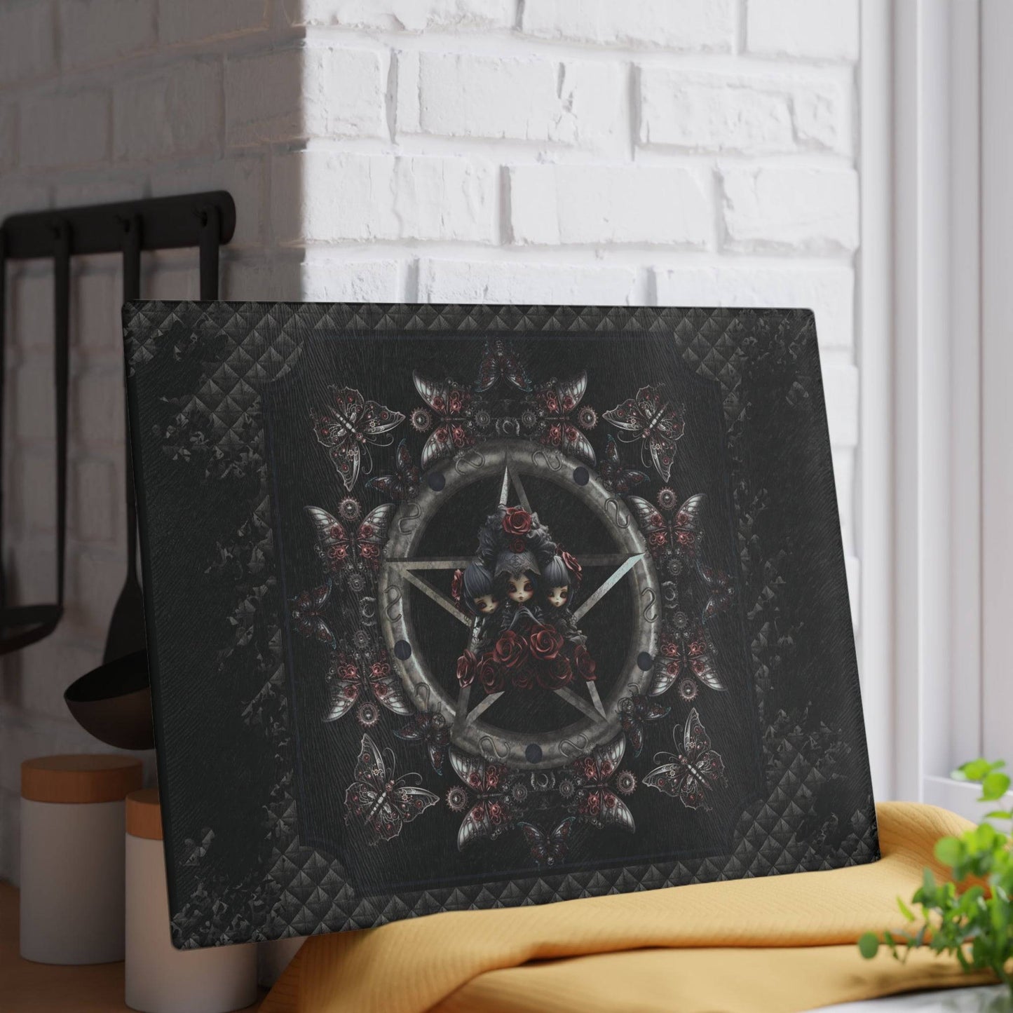 Dark Gothic Steampunk Glass Cutting Board | Steel Metal Roses Butterflies Kitchen Decor | Dark Goth Themed Home Accents | "Heavy Metal"