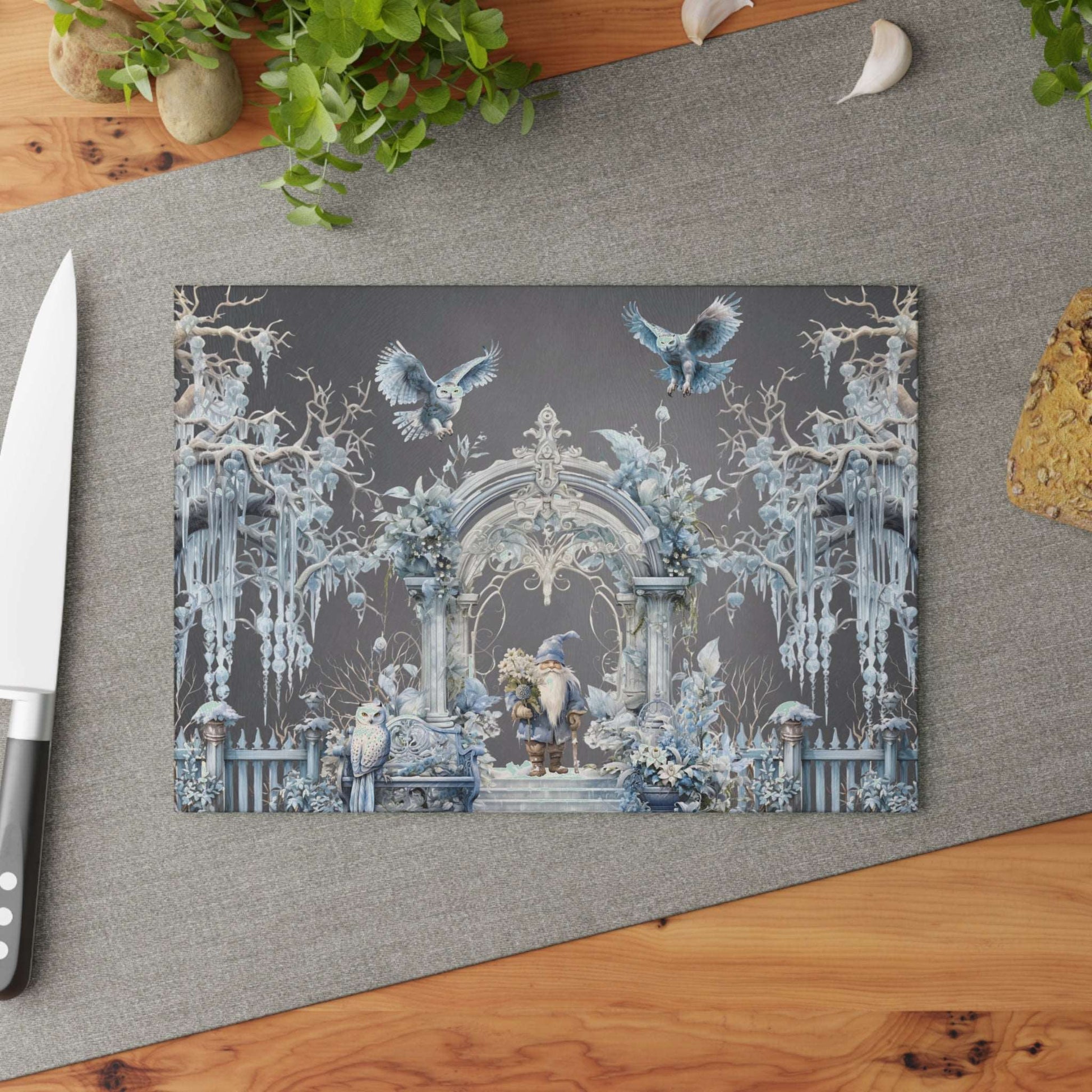 Owls and Wizard Winter Forest Glass Cutting Board | Kitchen Decor | Themed Home Accents | "Winter Dreams"