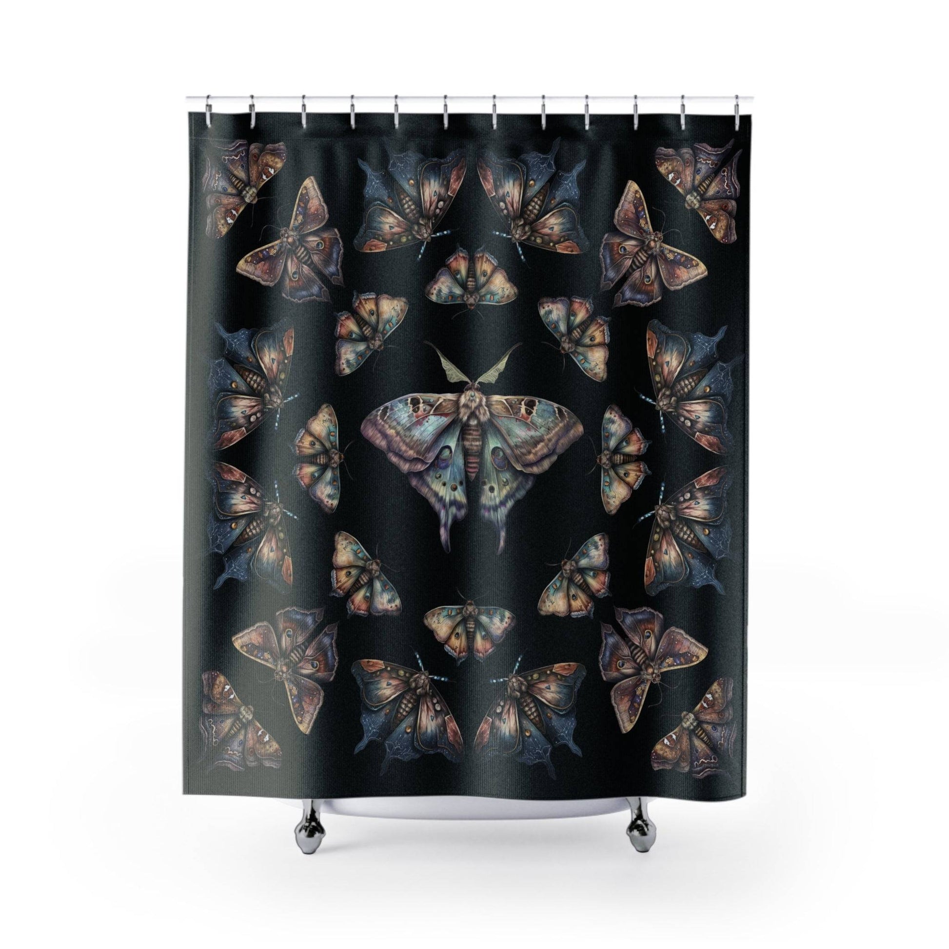 Lunar Moths on Black Shower Curtain | Unique Stylish Bathroom | Ethereal Themed Bath Decor | "Intuition"