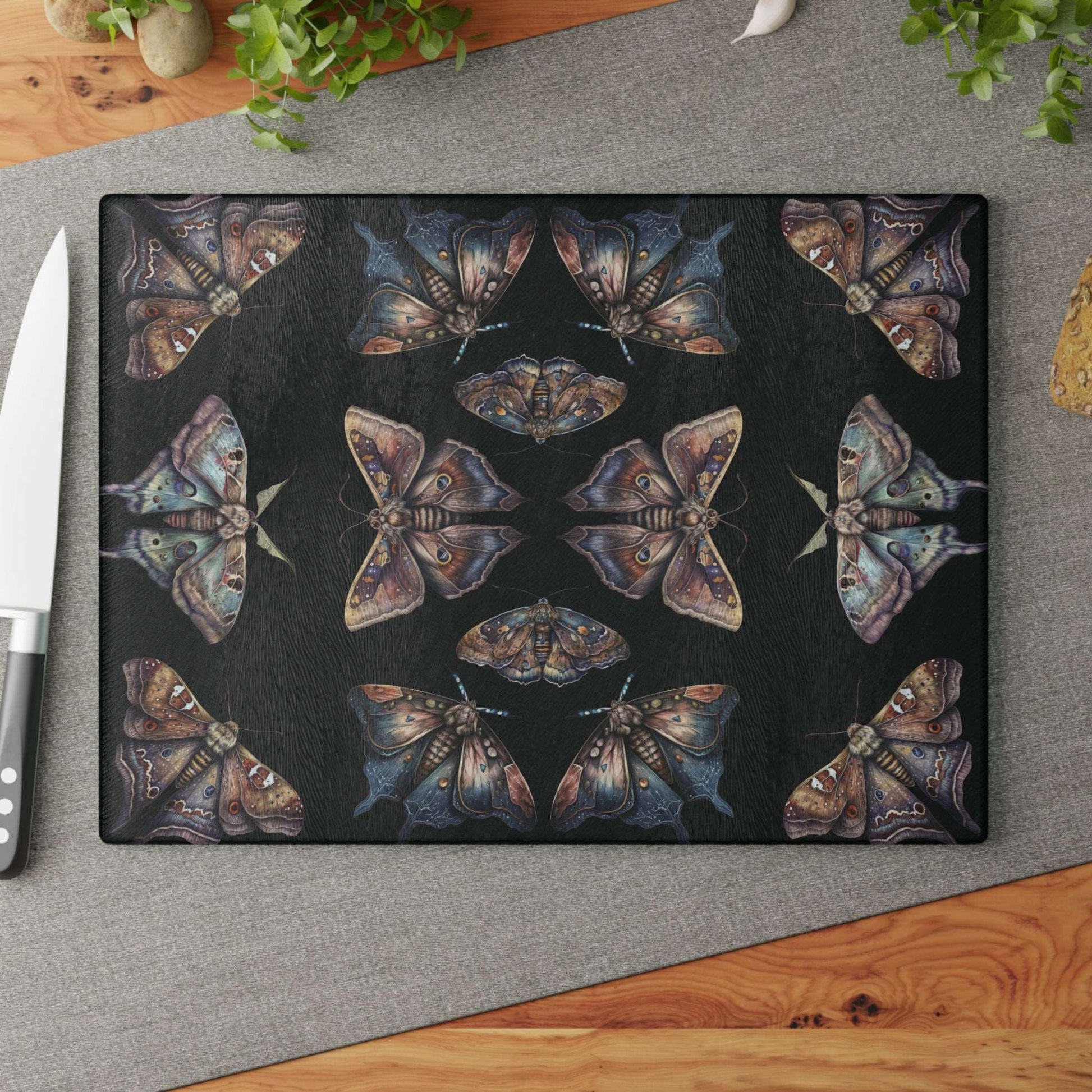 Lunar Moths on Black Glass Cutting Board | Kitchen Decor | Themed Home Accents | "Intuition"