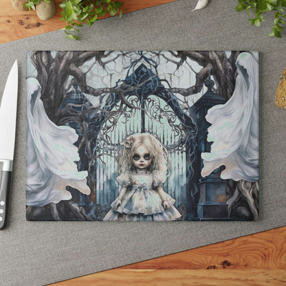 Spooky Gothic Glass Cutting Board | Ghosts Cemetery Scary Little Girl Kitchen Decor | Dark Scary Themed Home Accents | "Let's Play"