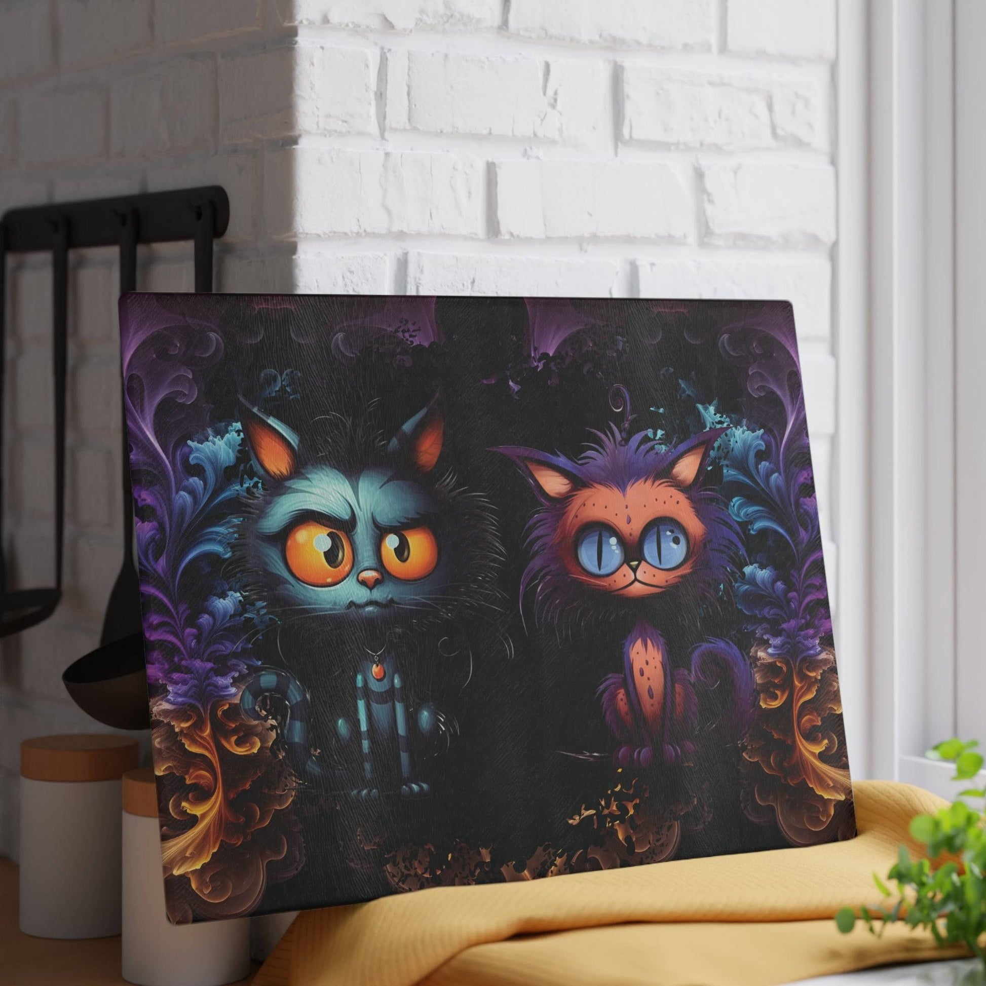 Scary Cartoon Style Cat Glass Cutting Board | Spooky Kitties Kitchen Decor | Cat Art Themed Home Accents | "Feline Combine"