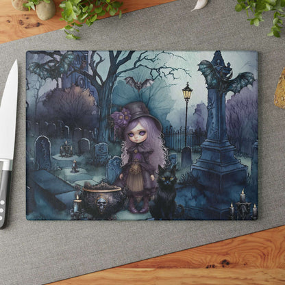 Dark Spooky Glass Cutting Board | Witch Cemetery Black Cat Kitchen Decor | Dark Scary Themed Home Accents | "Witch Amongst the Dead"