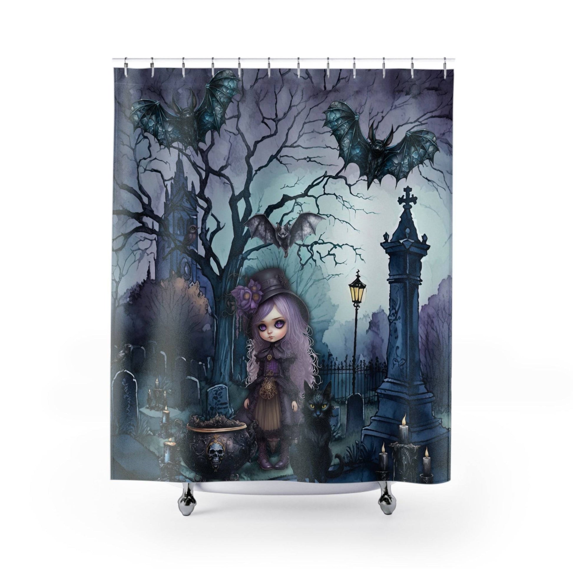 Dark Spooky Shower Curtain | Witch Cemetery Black Cat Bathroom | Dark Scary Themed Bath Decor | "Witch Amongst the Dead"