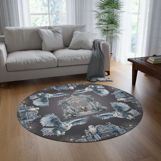 Owls and Wizard Winter Forest Round Accent Rug | Stylish Area Rug | Fantasy Themed Home Decor | "Winter Dreams"