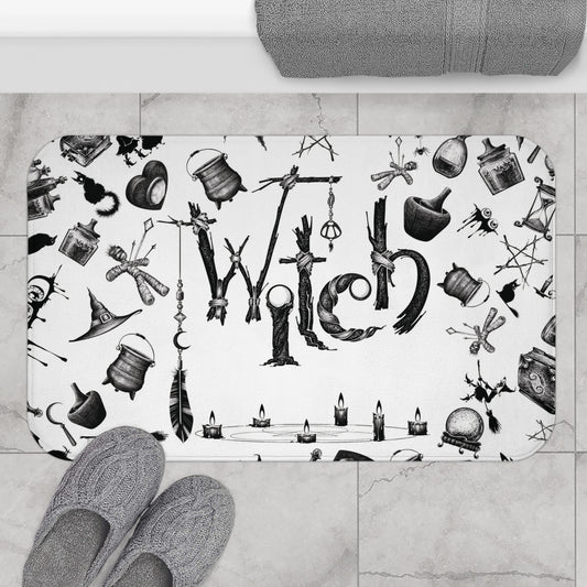 Witchy Pattern Style Bath Mat | Witch Symbols Bathroom Rug | Witchcraft Themed Bath Decor | "Twisted Witch"