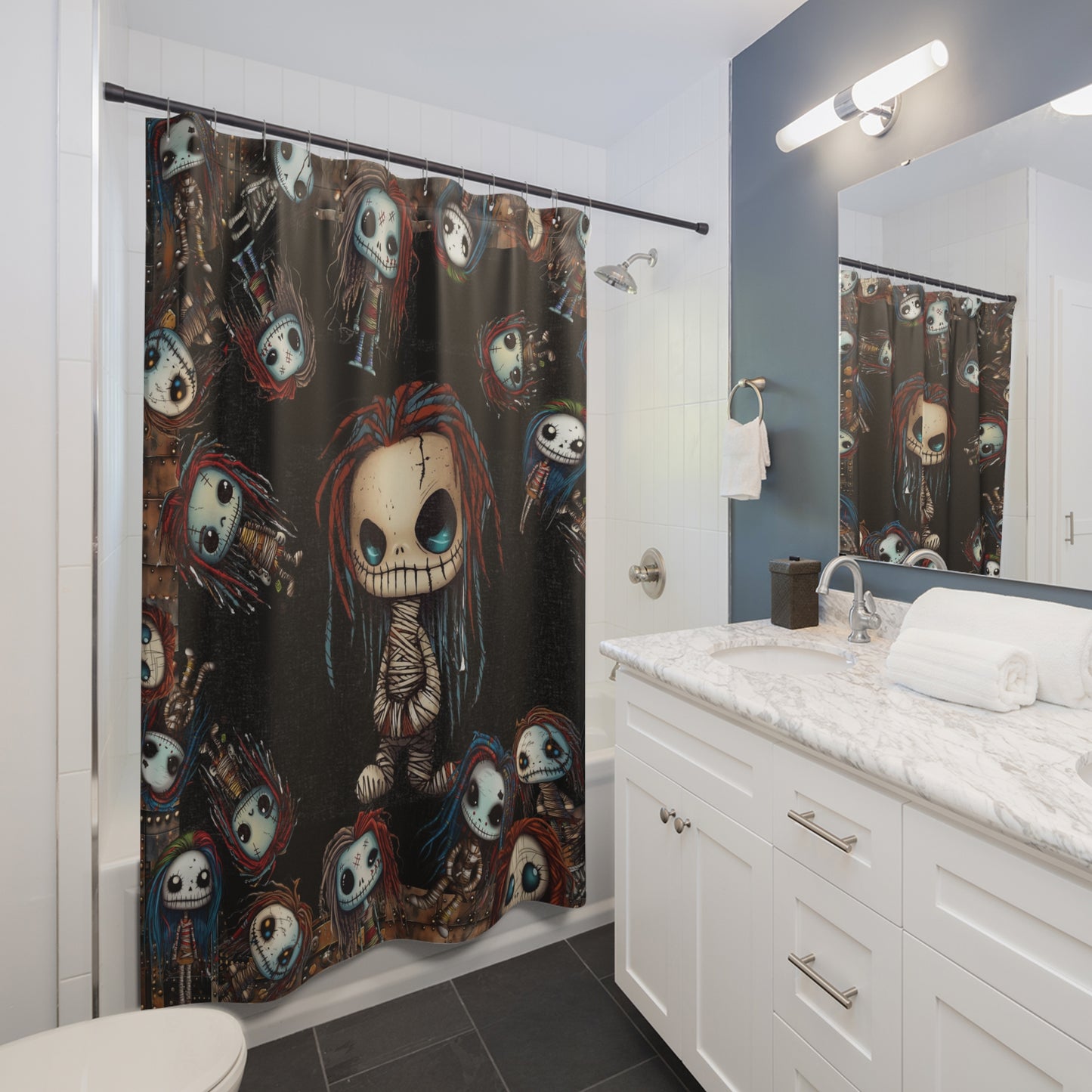 Voodoo Steampunk Shower Curtain | Voodoo Dolls Bathroom Decor | Dark Scary Themed Bath Decor | "Pins and Needles"