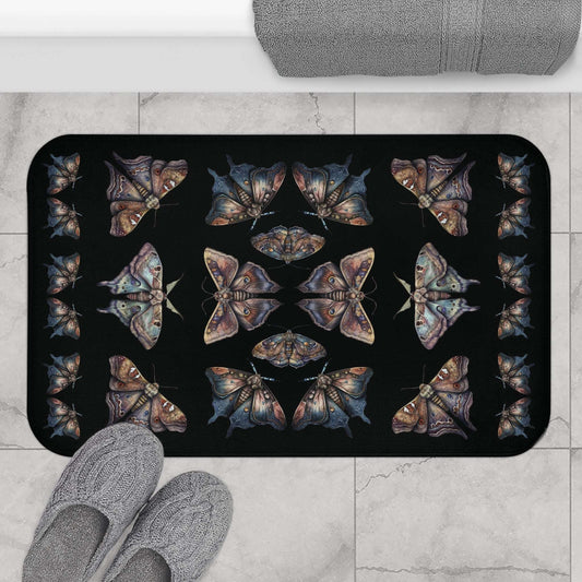 Lunar Moths on Black Bath Mat | Unique Stylish Bathroom Rug | Themed Bath Decor | "Intuition"