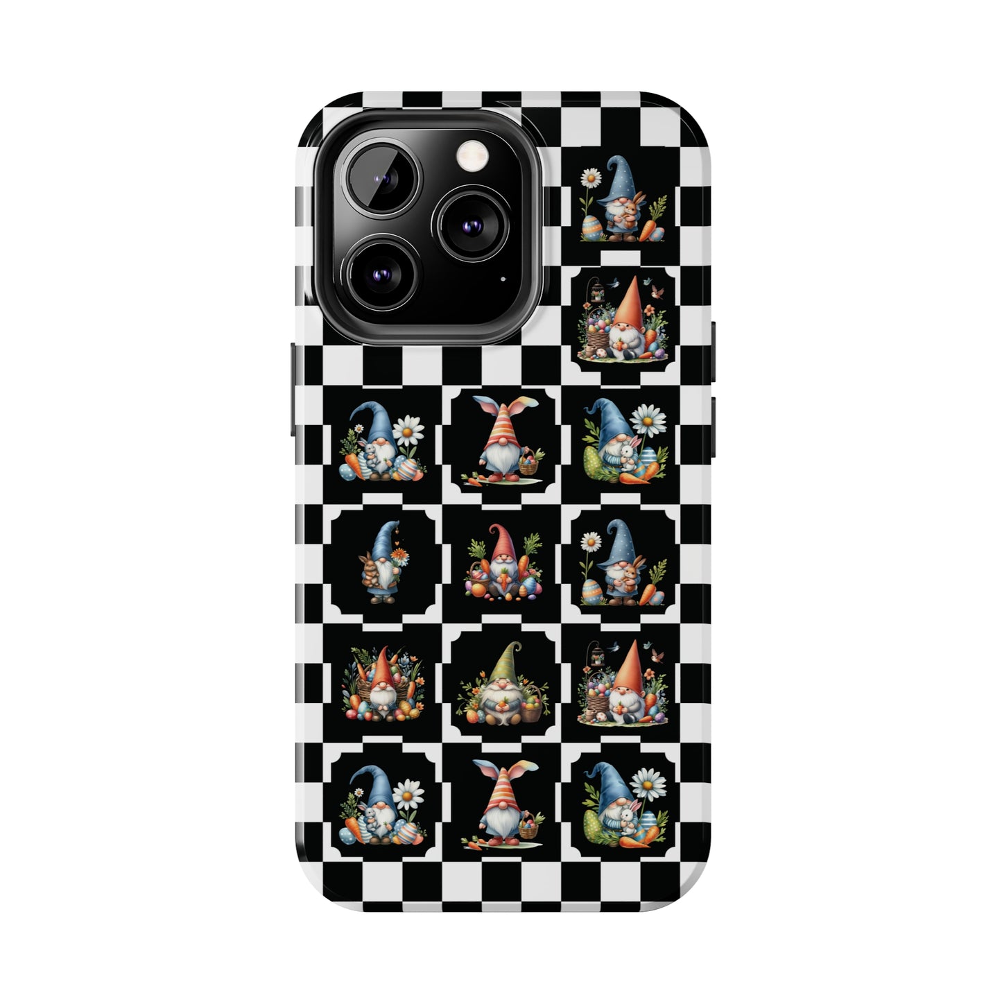 Check Pattern Easter Tough iPhone Case | Spring Easter Gnomes Phone Cover | Gnome Themed iPhone Accessories | "Springtime Check Gnomies"