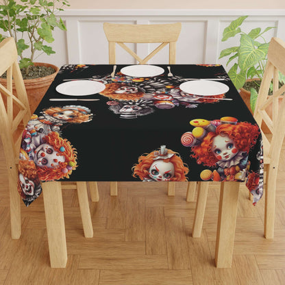 Scary Clowns Tablecloth | Spooky Clown Kids Kitchen Table Cover | Horror Themed Dining Decor | "Want Some Candy?"