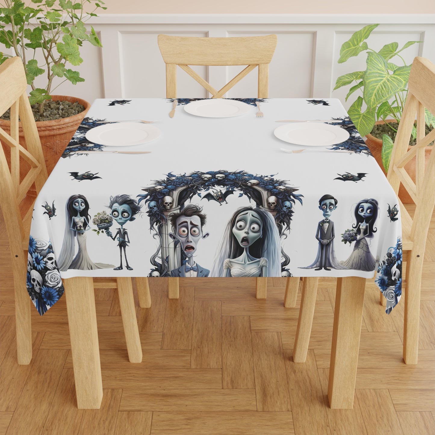 Goth Cartoon Married Couple Tablecloth | Zombie Wedding in the Woods Table Cover | Cartoon Horror Themed Home Decor | "Undead & Wedded"