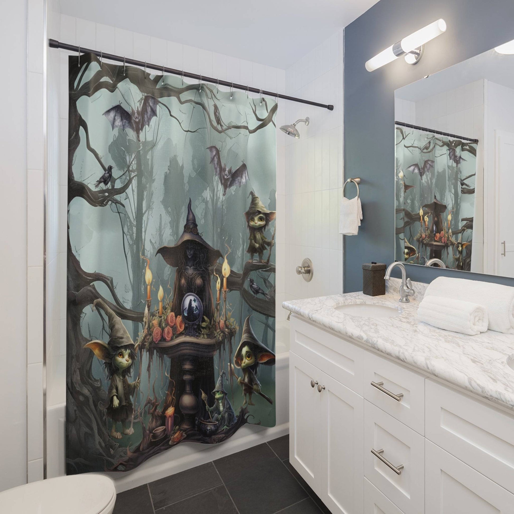 Ethereal Fantasy Style Shower Curtain | Sorceress Forest Goblins Bathroom | Fable Themed Bath Decor | "Queen of the Goblin Forest"