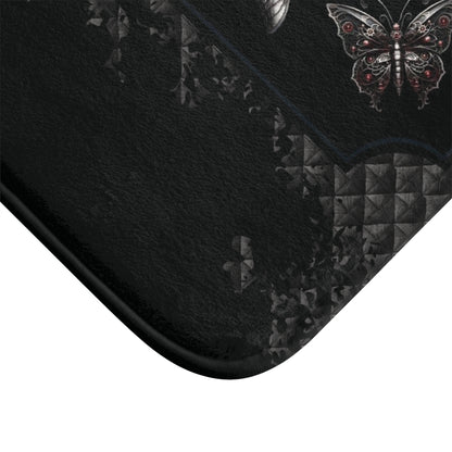 Dark Gothic Steampunk Bath Mat | Steel Metal Roses Butterflies Bathroom Rug | Dark Goth Themed Bath Decor | "Heavy Metal"