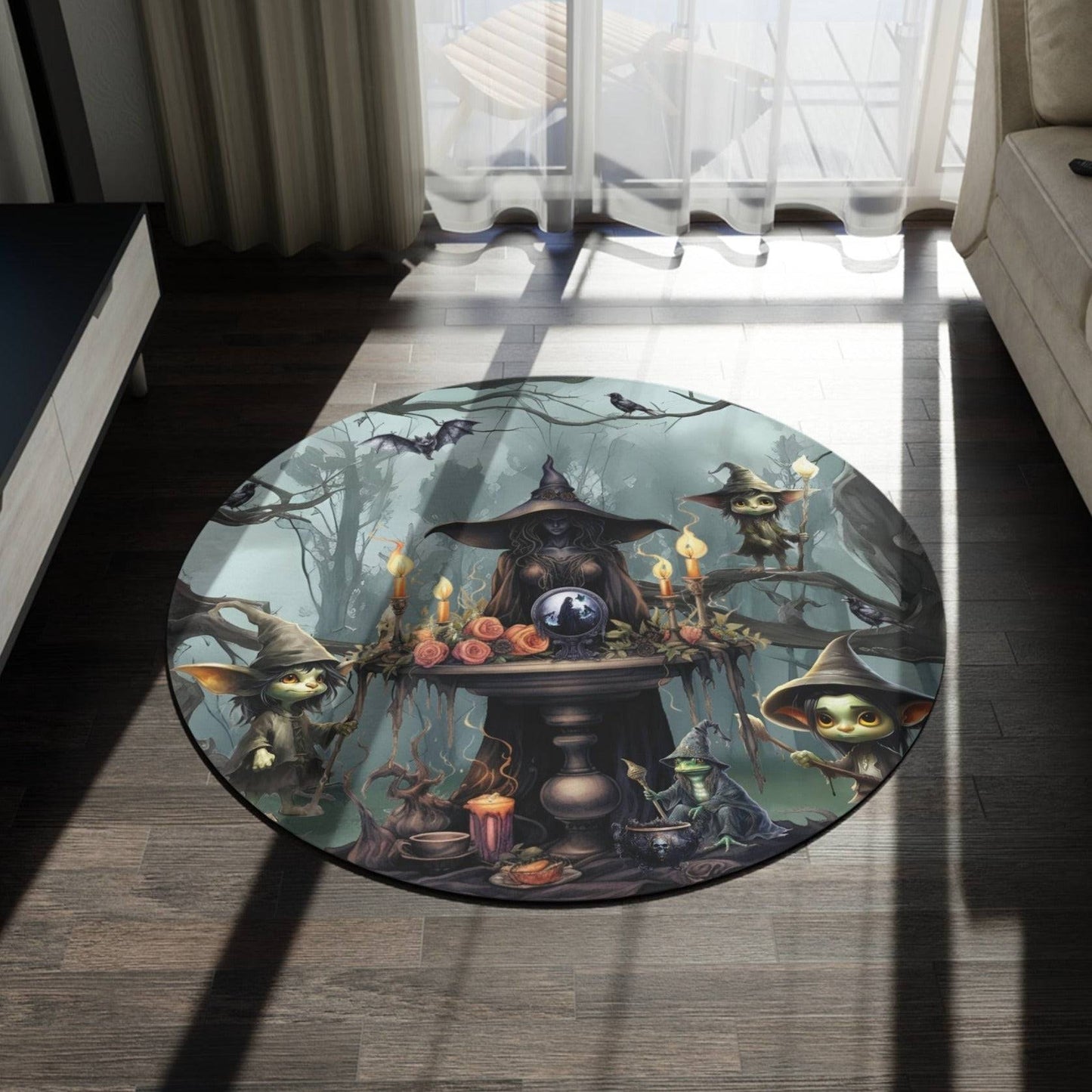 Ethereal Fantasy Style Round Accent Rug | Sorceress Forest Goblins Area Rug | Fable Themed Home Decor | "Queen of the Goblin Forest"