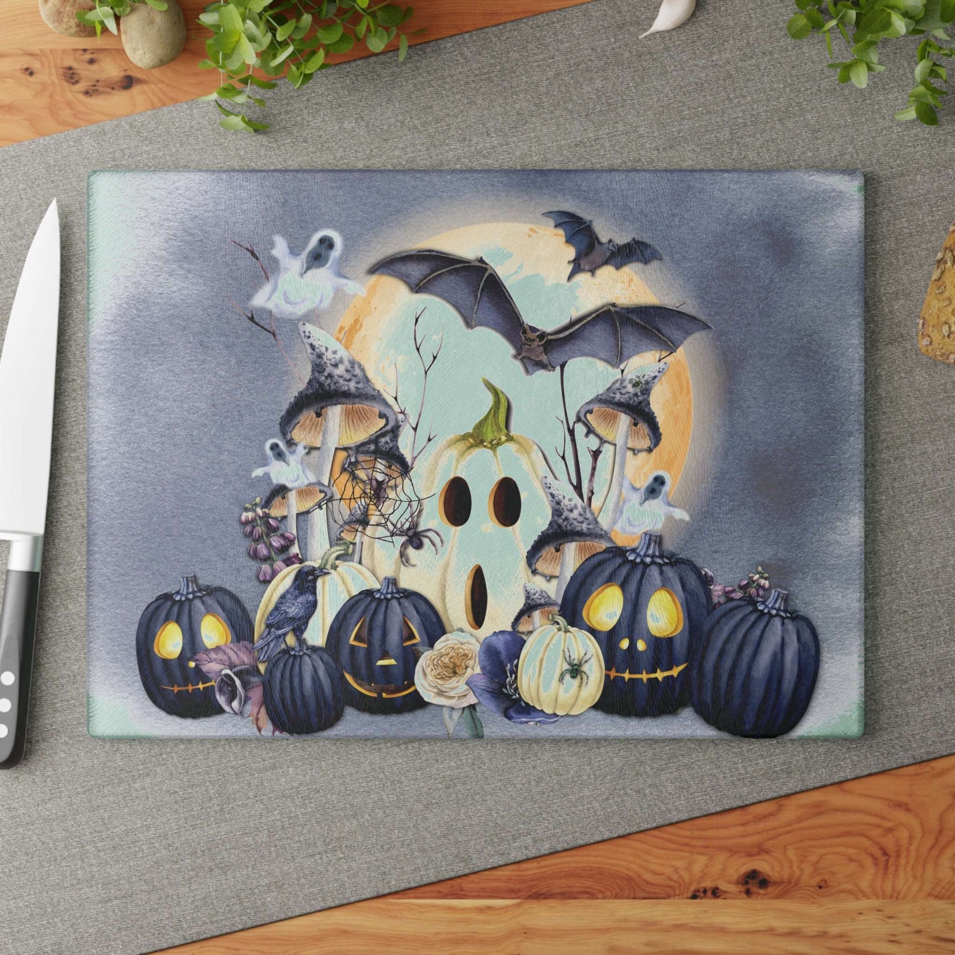 Always Halloween Style Glass Cutting Board | Year Round Halloween Kitchen Decor | Spooky Themed Home Accents | "Halloween Blues"