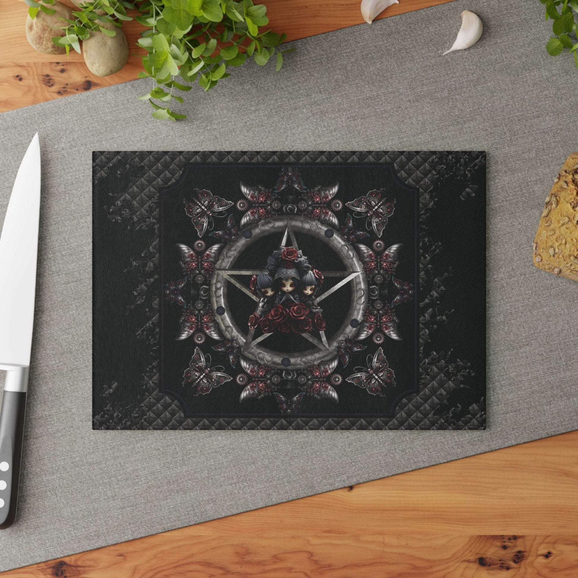 Dark Gothic Steampunk Glass Cutting Board | Steel Metal Roses Butterflies Kitchen Decor | Dark Goth Themed Home Accents | "Heavy Metal"