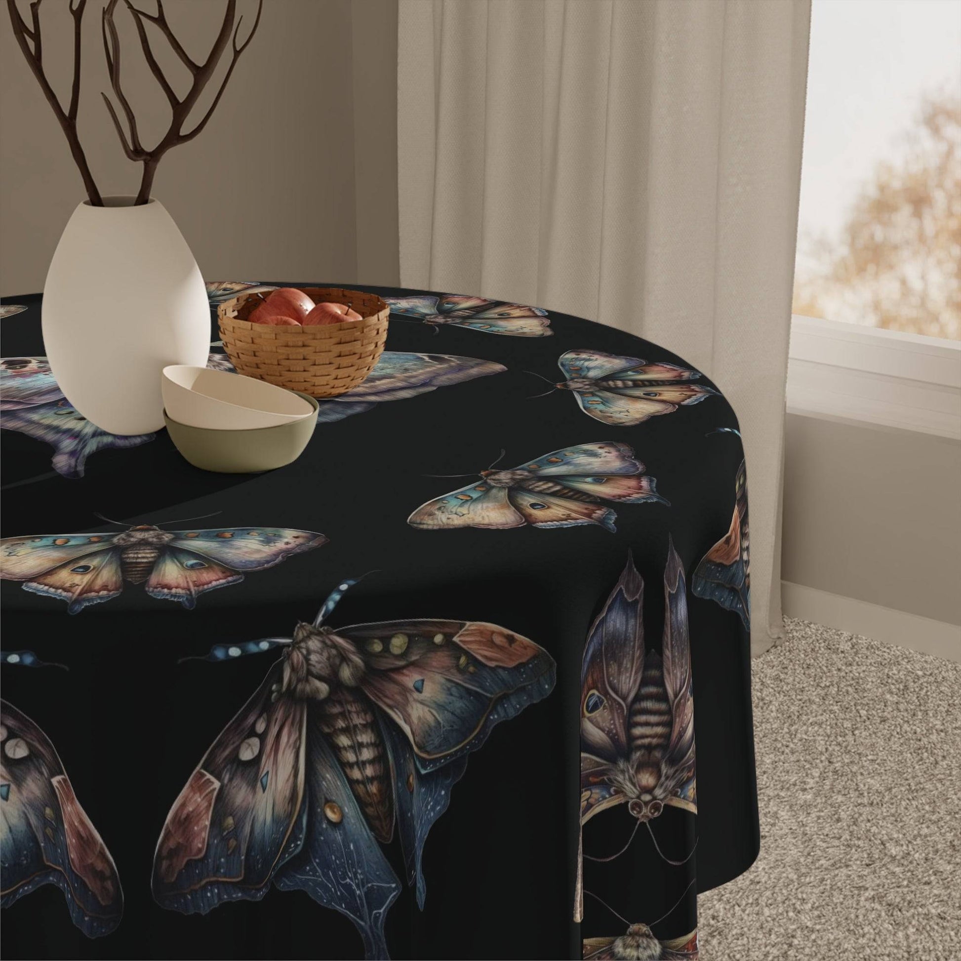 Lunar Moths on Black Tablecloth | Moth Theme Kitchen Table Cover | Home Decor | "Intuition"