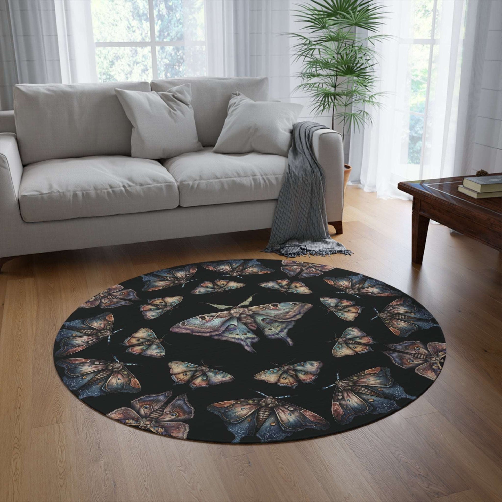 Lunar Moths on Black Round Accent Rug | Area Rug | Themed Home Decor | "Intuition"