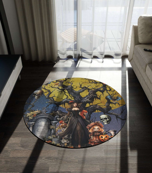 Autumn Fall Gothic Round Accent Rug | Witch Cemetery Skulls Little Girl Area Rug | Dark Scary Themed Home Decor | "Autumn Moon"