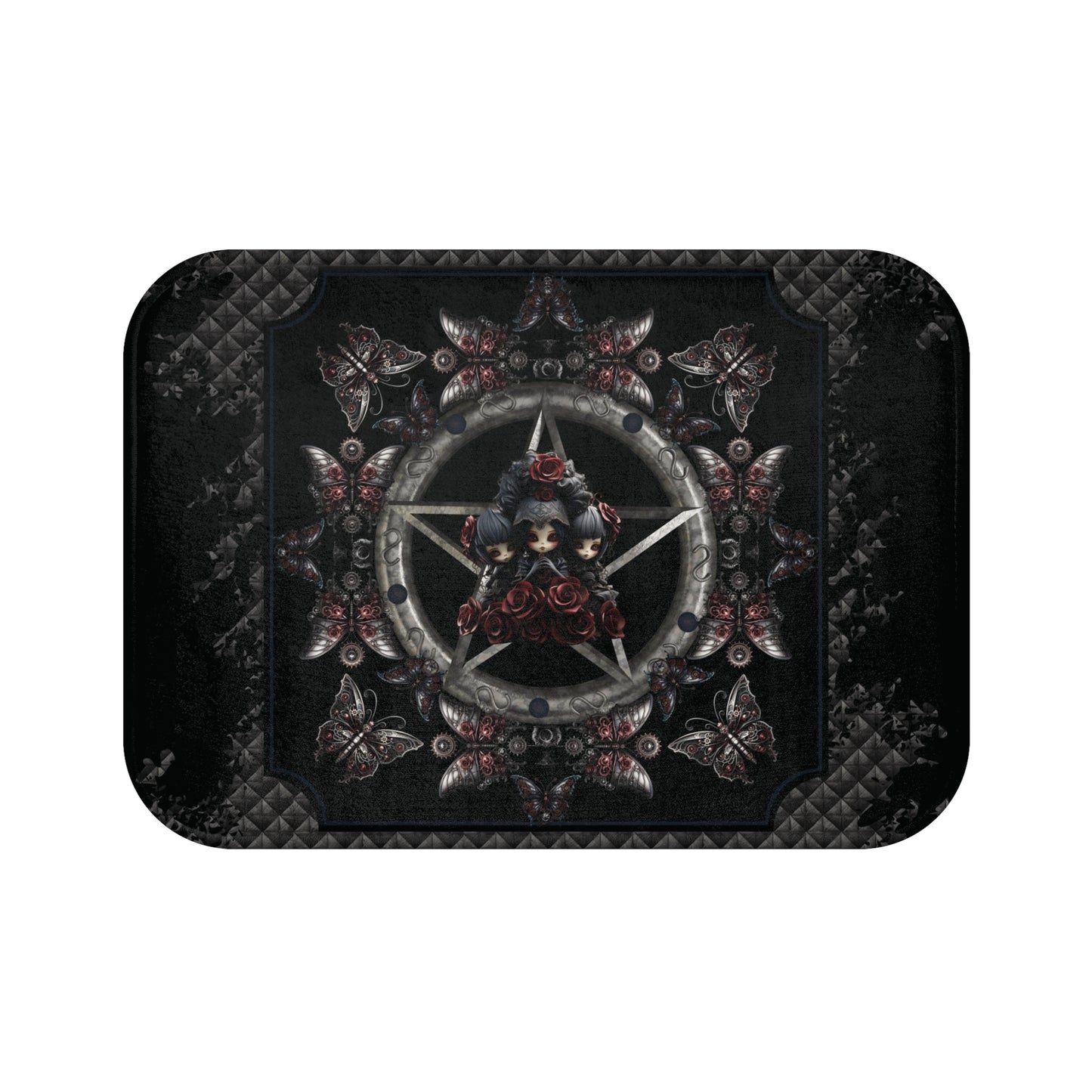 Dark Gothic Steampunk Bath Mat | Steel Metal Roses Butterflies Bathroom Rug | Dark Goth Themed Bath Decor | "Heavy Metal"