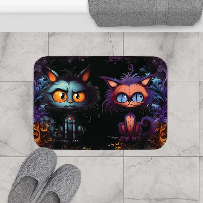 Scary Cartoon Style Cat Bath Mat | Spooky Kitties Bathroom Rug | Cat Art Themed Bath Decor | "Feline Combine"