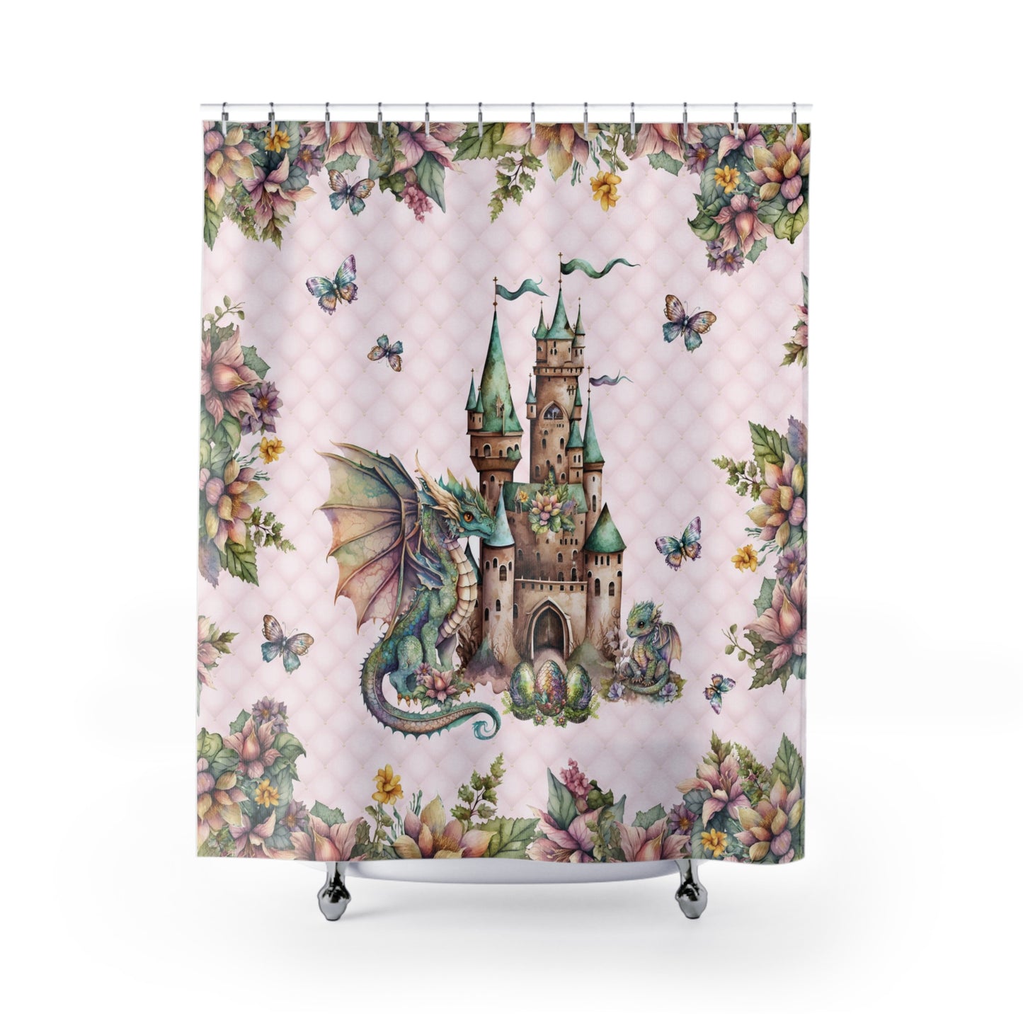 Pink Tuft Flowery Dragons Shower Curtain | Fairy Fantasy Style Bathroom | Dragons & Fairies Themed Bath Decor | "Fairy Dragon Manor"