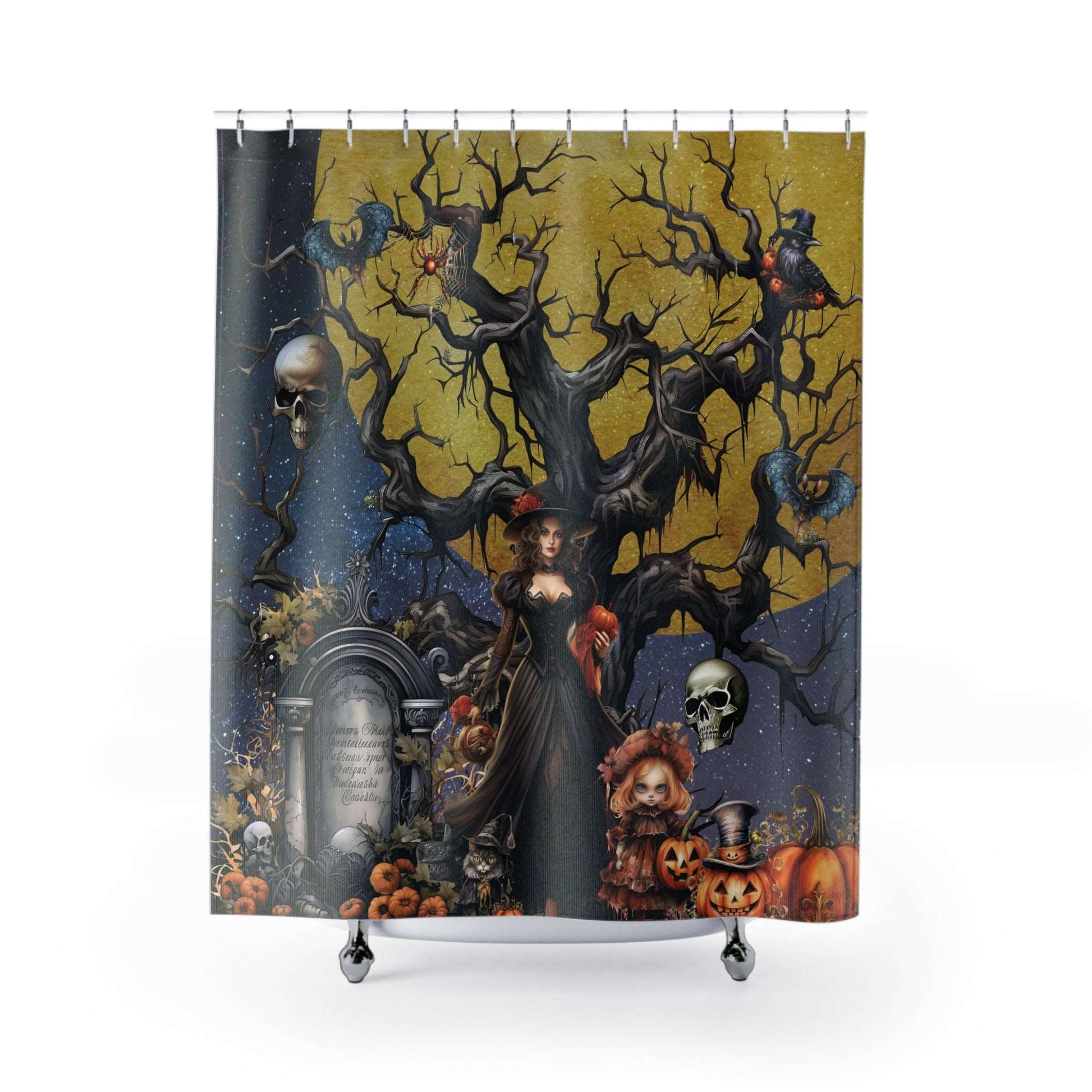 Autumn Fall Gothic Shower Curtain | Witch Cemetery Skulls Little Girl Bathroom | Dark Scary Themed Bath Decor | "Autumn Moon"