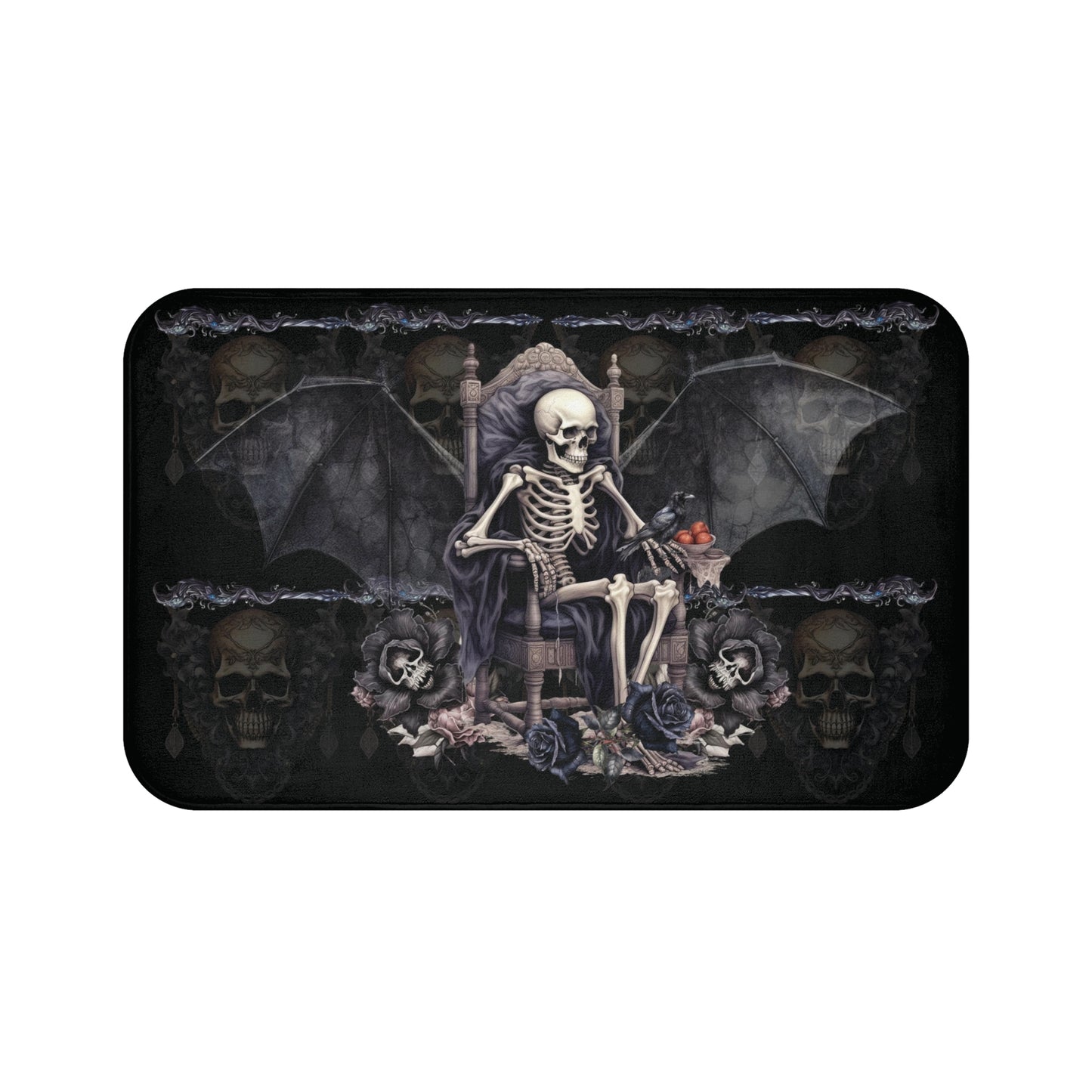 Scary Gothic Style Bath Mat | Skeletons Skulls Bats Bathroom Rug | Dark Goth Themed Bath Decor | "Into the Night"