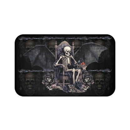 Scary Gothic Style Bath Mat | Skeletons Skulls Bats Bathroom Rug | Dark Goth Themed Bath Decor | "Into the Night"