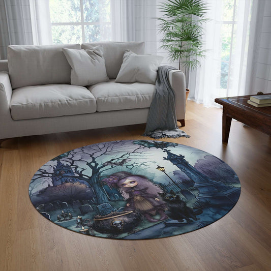 Dark Spooky Round Accent Rug | Witch Cemetery Black Cat Area Rug | Dark Scary Themed Home Decor | "Witch Amongst the Dead"