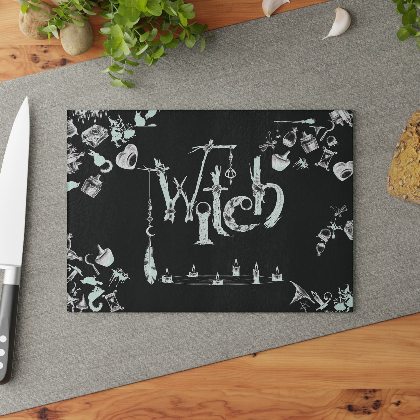 Witchy Pattern Style Glass Cutting Board | Witch Symbols Kitchen Decor | Witchcraft Themed Home Accents | "Twisted Witch"