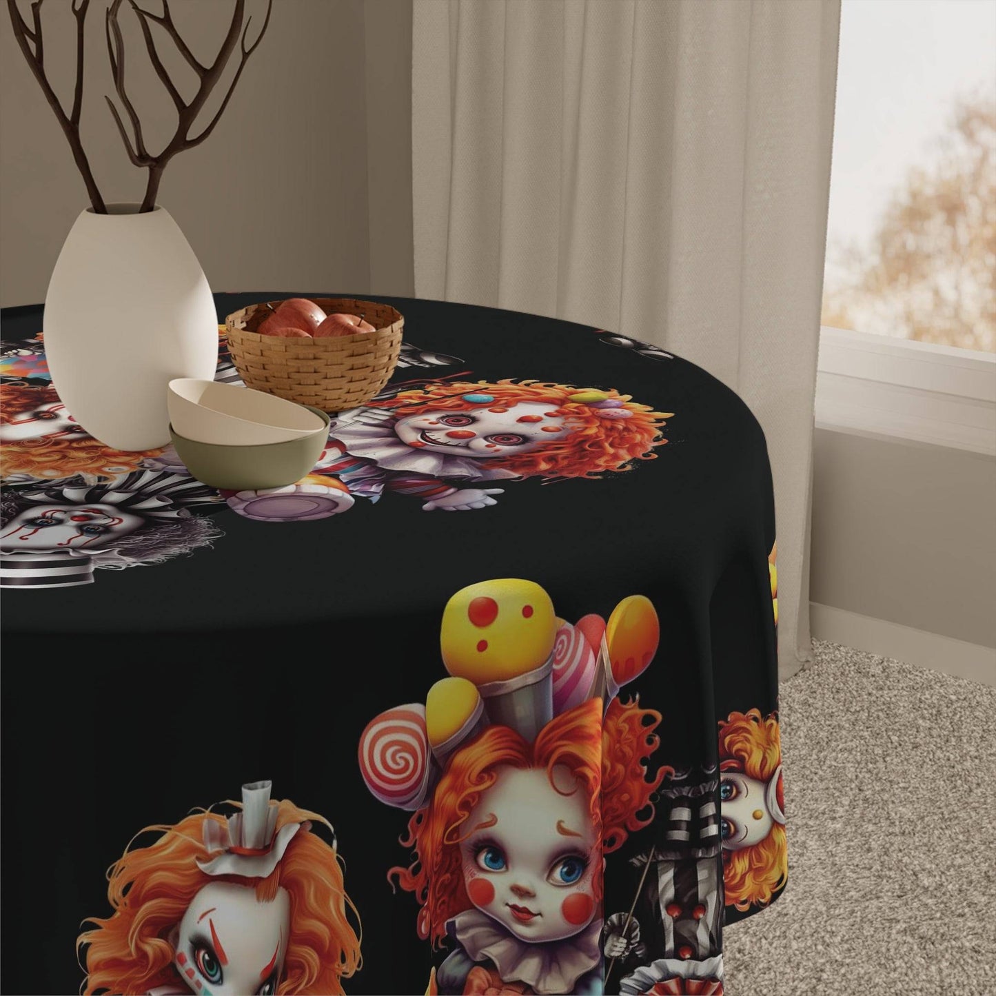 Scary Clowns Tablecloth | Spooky Clown Kids Kitchen Table Cover | Horror Themed Dining Decor | "Want Some Candy?"