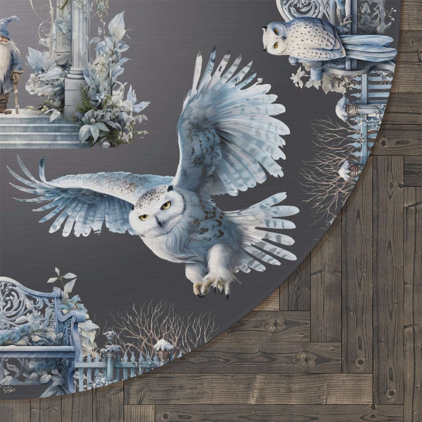 Owls and Wizard Winter Forest Round Accent Rug | Stylish Area Rug | Fantasy Themed Home Decor | "Winter Dreams"